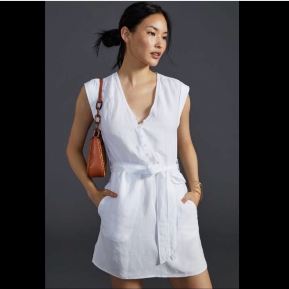 Anthropologie White Linen Sleeveless V-Neck Tie-Waist Mini Dress